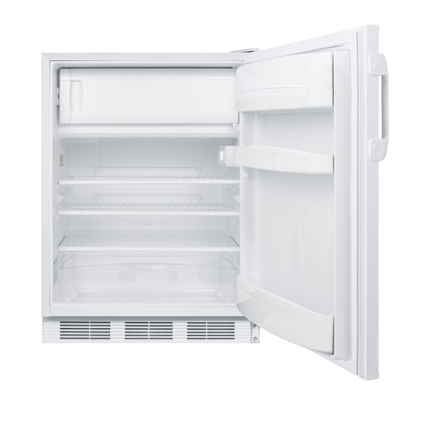 Freestanding ADA compliant refrigerator-freezer for general purpose use, with dual evaporator cooling, cycle defrost, lock, and white exterior